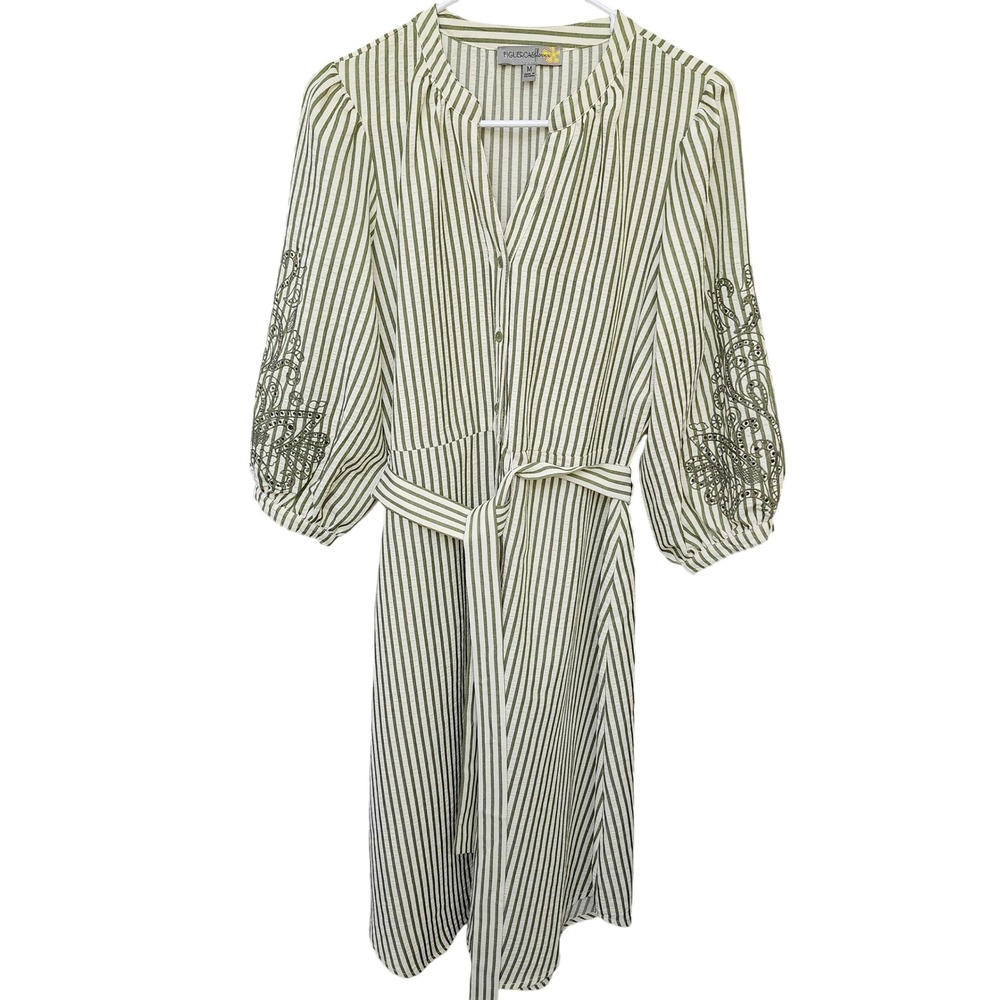 Figueroa & Flower Peasant M Cottagecore green stripe embroidered sleeves dress - Picture 4 of 10